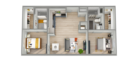 a 3d rendering of a floor plan with a bedroom and a bathroom
