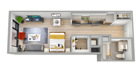 a top view of a 3d floor plan of a house
