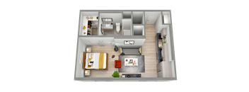 A 3D floor plan of a small apartment with a living room, kitchen, and bathroom.