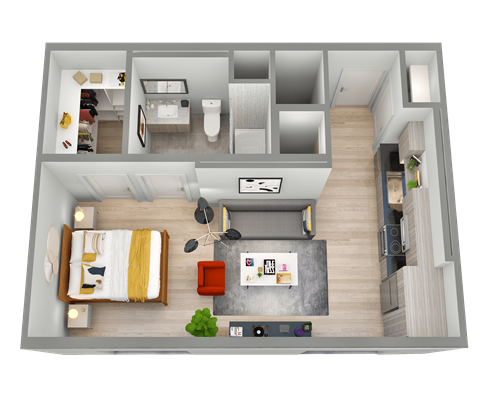 A 3D floor plan of a small apartment with a living room, kitchen, and bathroom.
