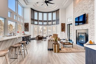 Clubroom with seating area, fireplace, and TV