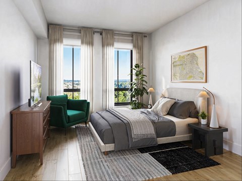 a bedroom with a bed and two windows
