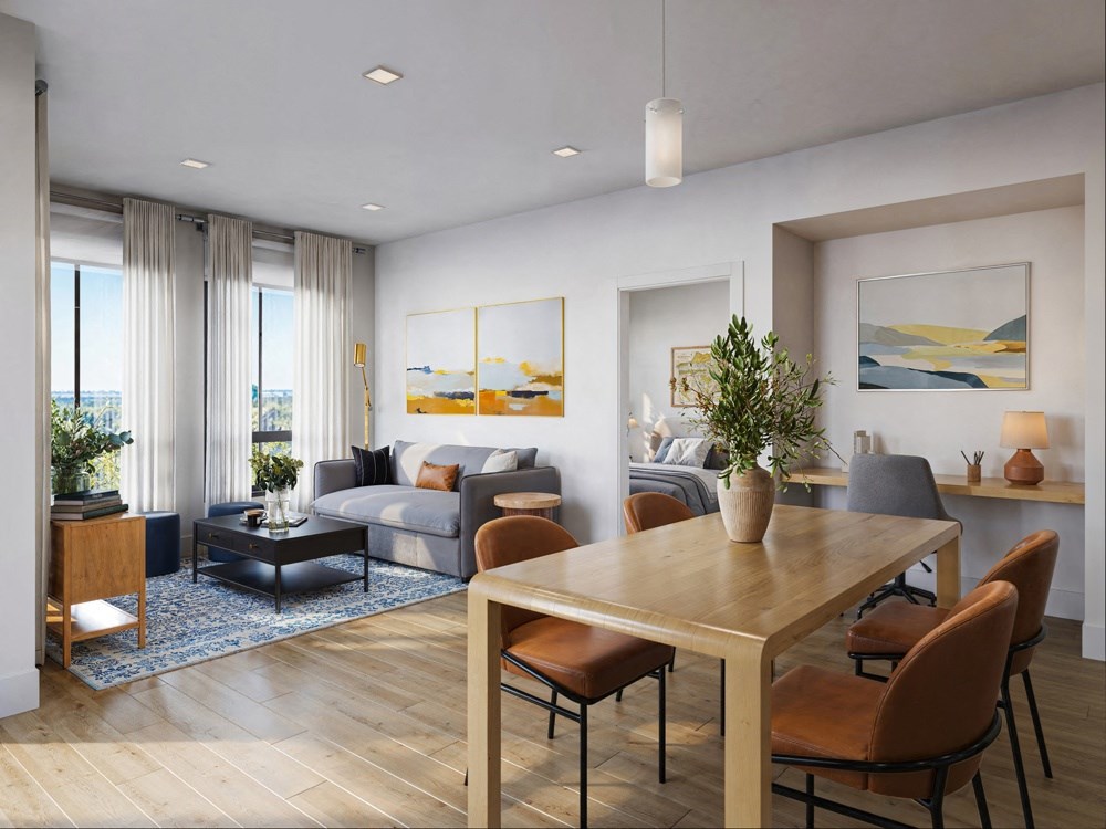 a rendering of a living room and dining room in an apartment