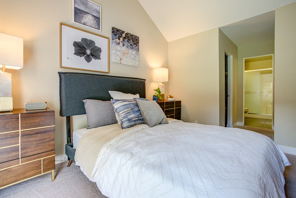 Bedroom with bathroom at Americana Apartments, Mountain View, California