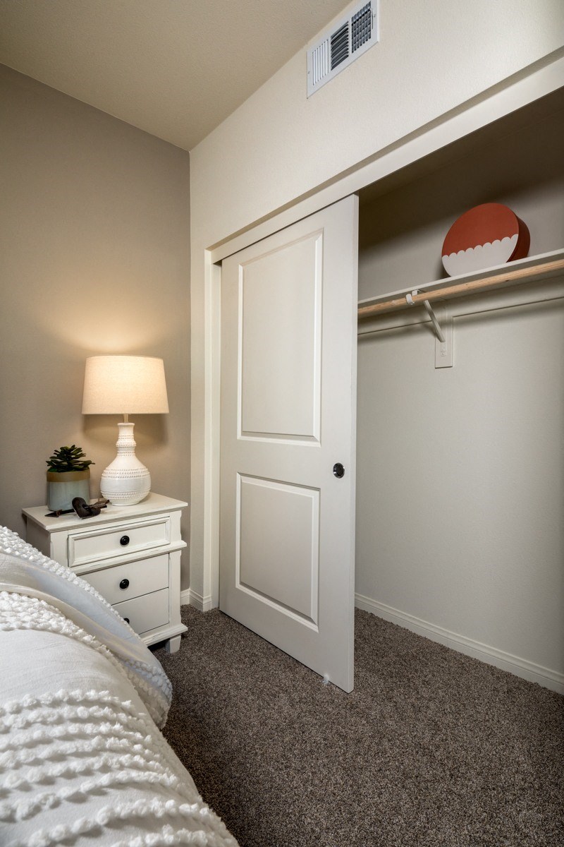 a bedroom with a bed and a closet with a sliding door