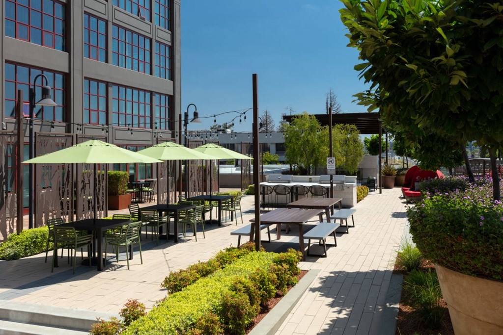 a patio with tables and umbrellas on a sunny day