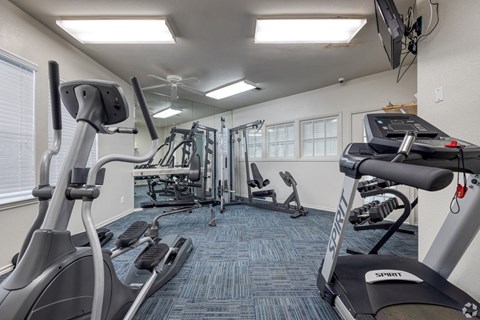 A gym with a variety of equipment including treadmills, elliptical machines, and a television.