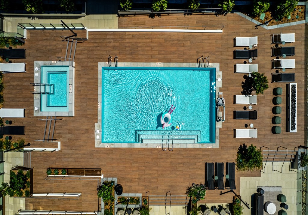 aerial view of artizan pool and lounge deck