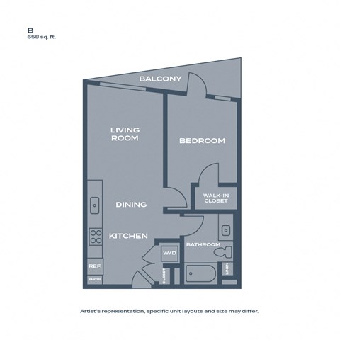 B - 1 bed 1 bath - 658 sqft