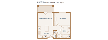 aspen one bedroom floorplan 607 square feet