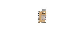 A top-down view of a house layout with a kitchen, living room, and bathroom.