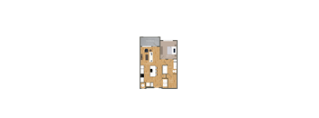 A floor plan of a house with a living room, two bedrooms, a bathroom, and a kitchen.