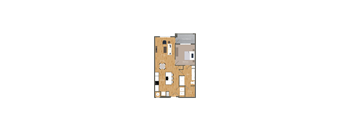 A floor plan of a house with a kitchen, living room, and two bedrooms.