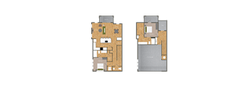 Two images of a floor plan for a house with two bedrooms and two bathrooms.