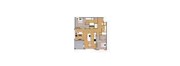 A floor plan of a house with a kitchen, living room, and two bedrooms.