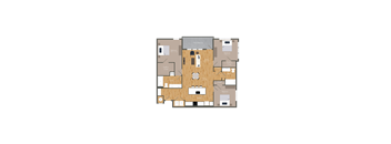 A floor plan of a house with a kitchen, living room, and two bedrooms.