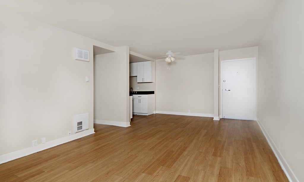 jefferson floor plan unfurnished living room and wood plank style flooring at Avenue Two Apartments, Redwood City  , California