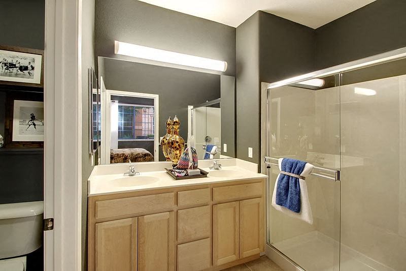 Apartments in San Jose for Rent - Aviara - Large Mirror, Brown Cabinets, Glass Shower Sliding Door, and Separated Bathroom Area