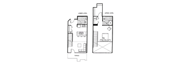 A floor plan shows the layout of a lower level and upper level with a terrace in between.