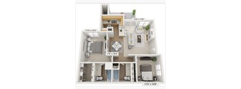 A detailed 3D floor plan of a small apartment layout.