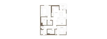 A floor plan of a house with a balcony, kitchen, living room, two bedrooms, and two bathrooms.
