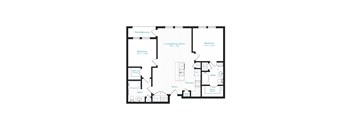 A floor plan of a house with a living room, two bedrooms, a bathroom, a kitchen, and an entry.