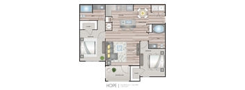 A floor plan of a 1,073 square foot Hope apartment with two bedrooms, a living room, a kitchen, a bathroom, and a den.