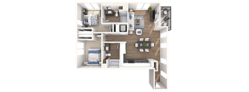 a 3d rendering of a furnished floor plan with a bedroom and a living room