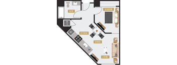 a floor plan of a hotel room with a bedroom and a living room