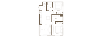 A floor plan of a house with a kitchen, living room, and two bedrooms.