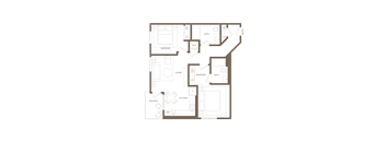 A floor plan of a house with a living room, two bedrooms, a bathroom, a kitchen, a balcony, and a dining area.