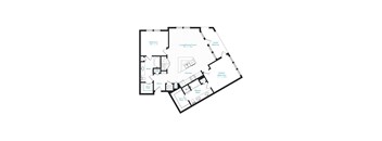 A floor plan of a house with a living room, two bedrooms, a bathroom, a kitchen, and a balcony.