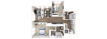 a 3d rendering of a living room with furniture and a bedroom