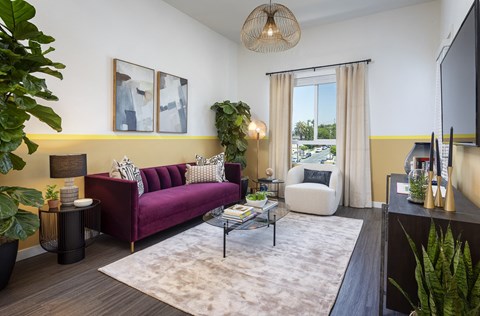 A living room with a purple couch and a white chair.