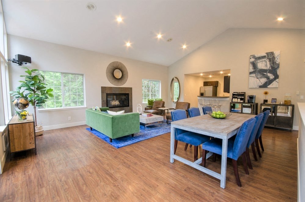 Clubroom with lounge and fireplace