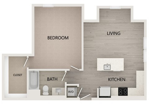 1 bed 1 bath 745 square feet floor plan at Bayswater Apartments, Burlingame, 94010