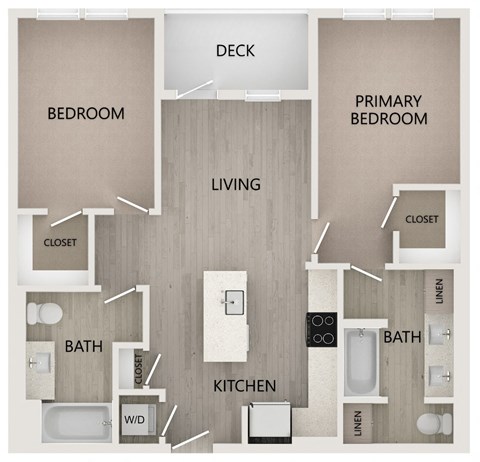 B3 2 bed 2 bath 910 square feet floor plan at Bayswater Apartments, California