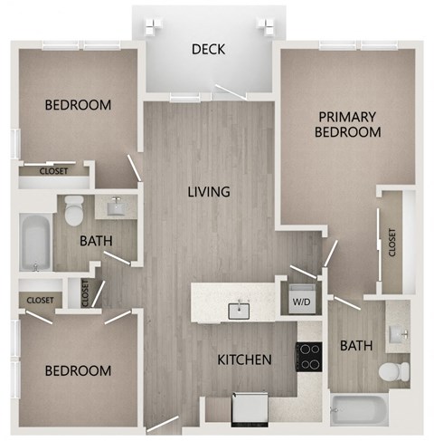 C3 3 bed 2 bath 977 square foot floor plan at Bayswater Apartments, Burlingame