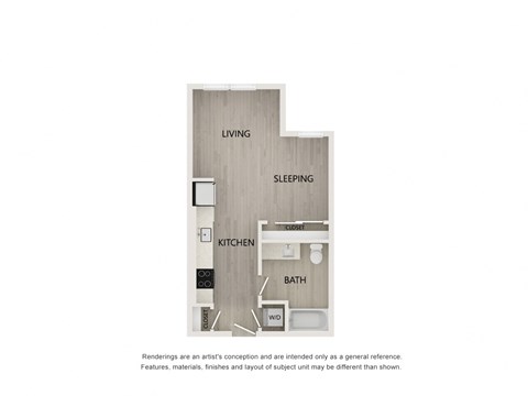 S2  studio 1 bath 485 sq foot floor plan at Bayswater Apartments, Burlingame, 94010