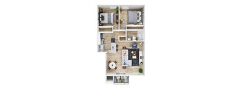 The Alderwood - 3D floor plan - 2 bed 1 bath