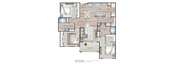 A detailed layout of a two-bedroom apartment with a kitchen, living room, and bathroom.