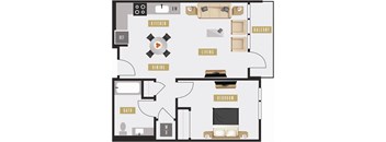a floor plan of a house with a living room and a dining room and kitchen