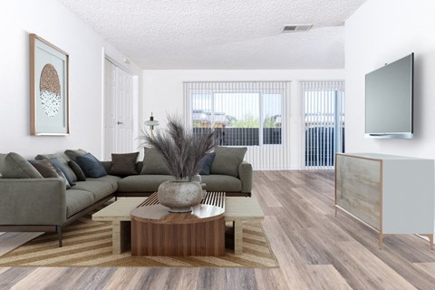 A living room with a grey couch, a coffee table, and a flat screen TV.