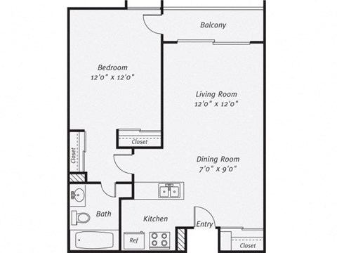 A1 floor plan 1 bedroom 1 bath 750 square feet