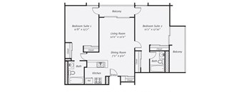 B1 floor plan 2 bedroom 2 bath 1025 square feet