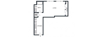 a floor plan of a studio apartment with a bedroom and a living room