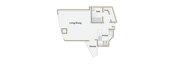 A diagram of a house layout with labeled rooms such as Bath, Closet, Living/Dining, Kitchen, and Balcony.