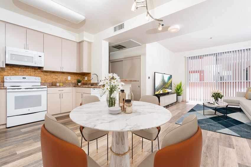 furnished kitchen and living room