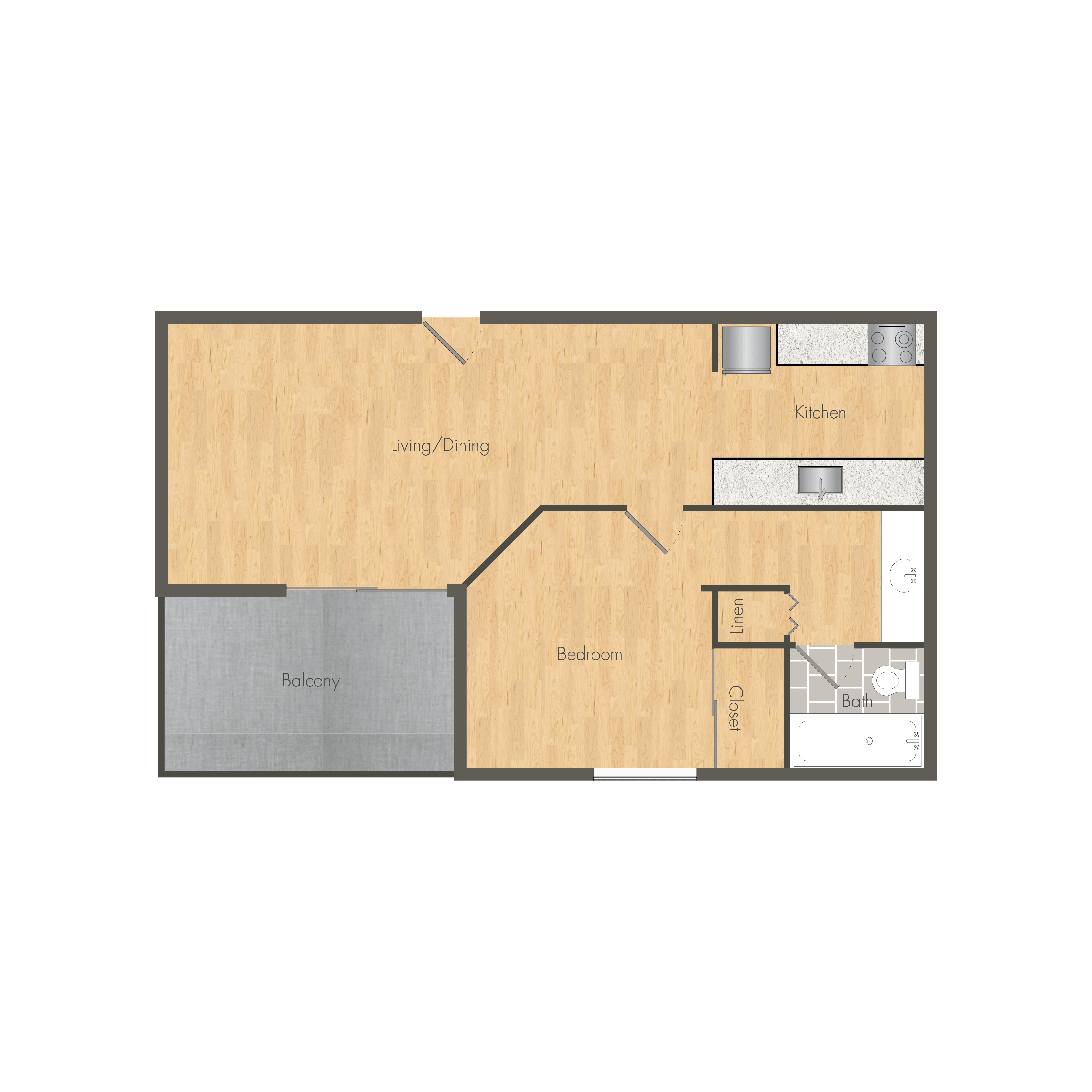 A floor plan of a house with a living/dining area, kitchen, and bedrooms.