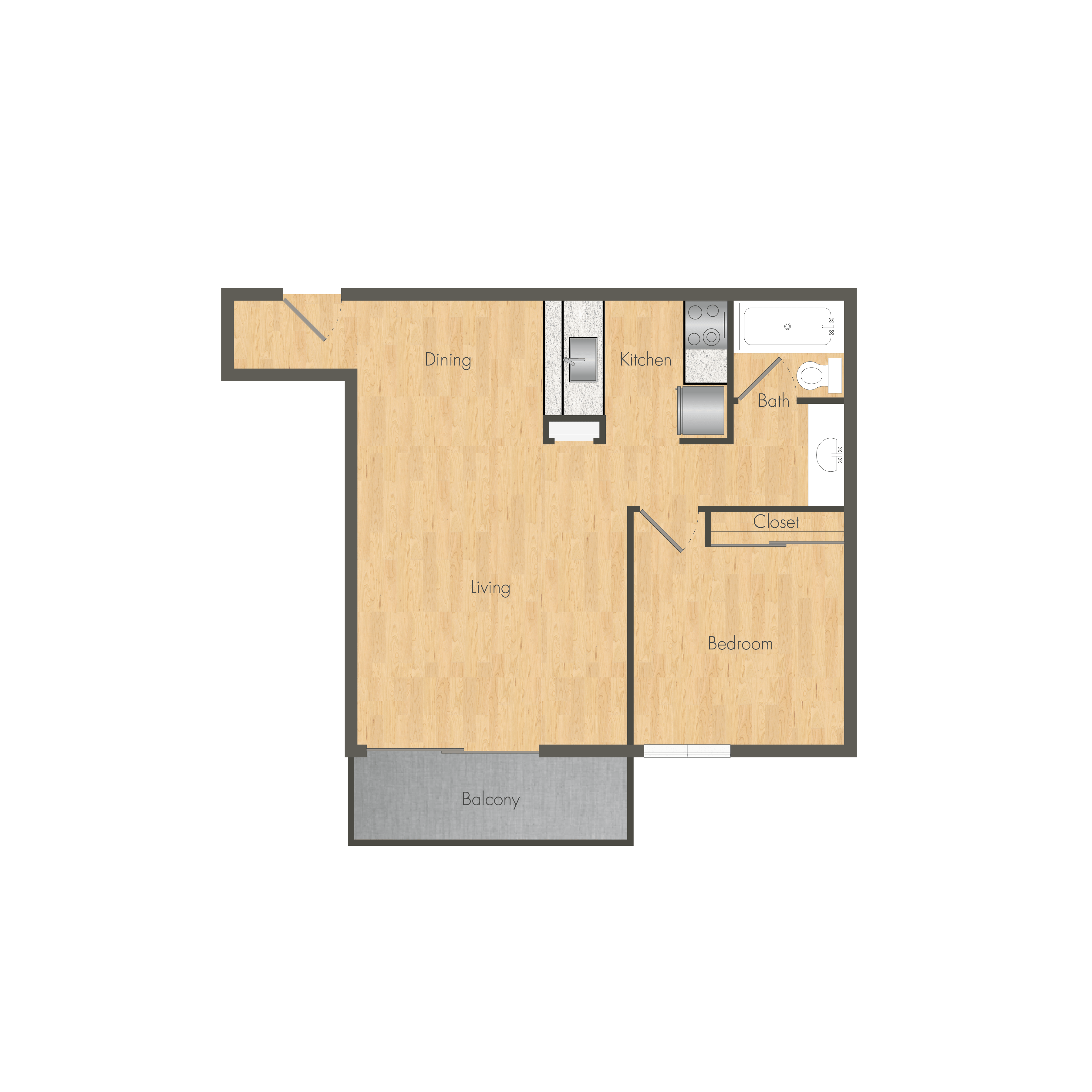 A floor plan of a house with a dining area, kitchen, living room, bedroom, and bathroom.